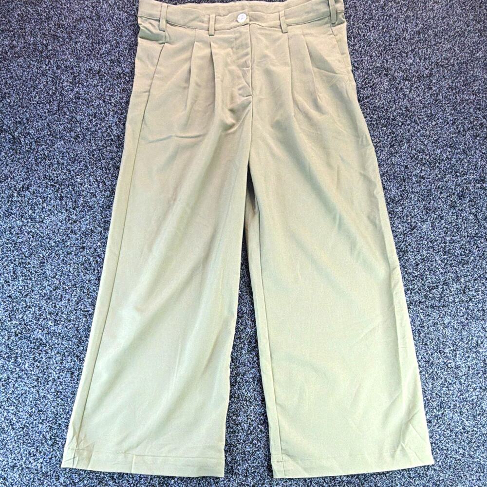 apéro Women’s Green Pleated Wide-Leg Dress Pants High Rise Pockets Cotton S